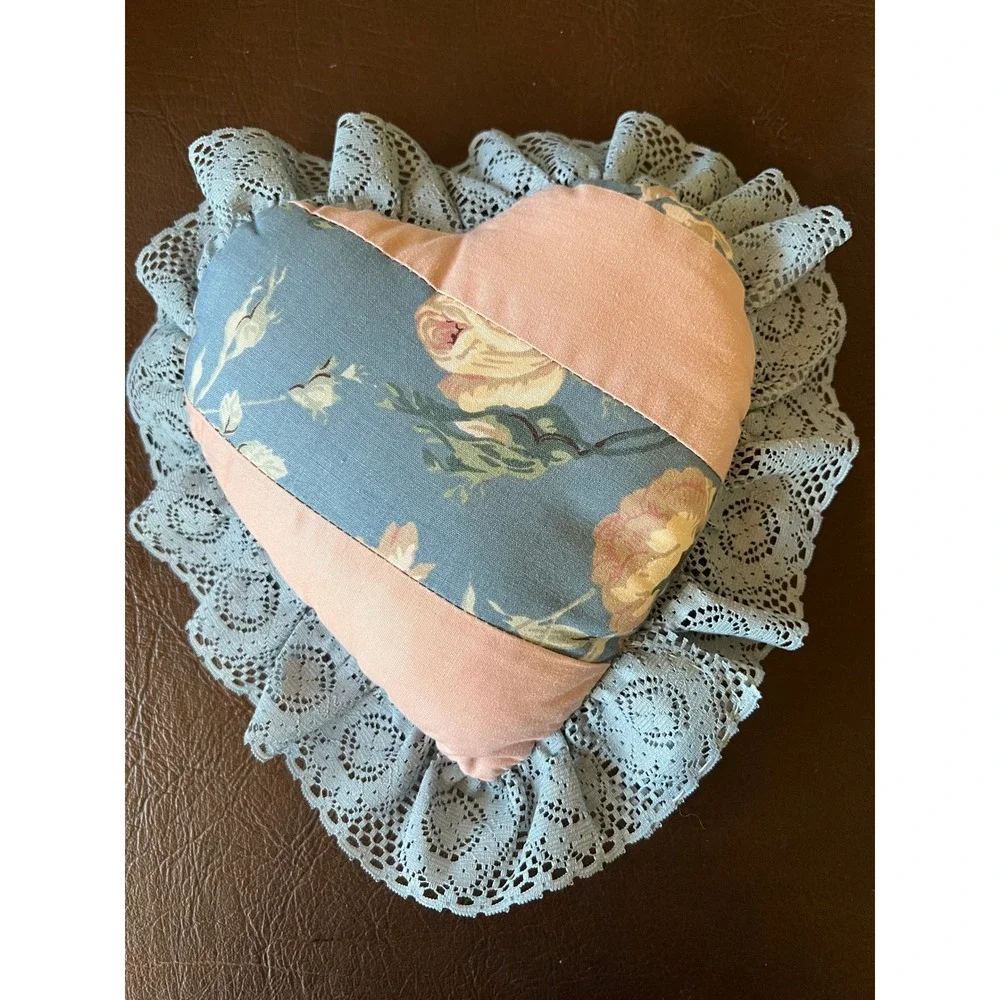 Vintage Handmade Heart Floral Lace Trim Decorative Pillow Cottage Grandmacore